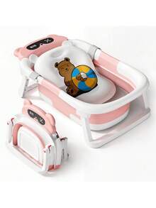 Senmeo 1PC Foldable Baby Bathtub With Thermometer & Soft Cushion - Portable Travel Tub For 0-36 Months Infants - Non-Slip, Floating Pad Included - 粉色 - 查看 1