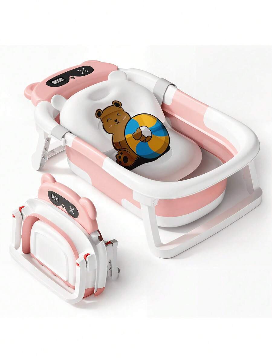 Senmeo 1PC Foldable Baby Bathtub With Thermometer & Soft Cushion - Portable Travel Tub For 0-36 Months Infants - Non-Slip, Floating Pad Included - 粉色 - 查看 1