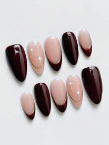 10pcs Almond Handmade Press-On Nails, Minimalist Style, Deep Red And Nude Pink Nails, Solid Color French Tips, Glittering French Outline, Hand-Painted Sparkling Stars, Acrylic False Nails, Suitable For Girls And Ladies' Everyday, New Year, And Valentine's Day Nail Decorations, Includes Jelly Gel And Nail File - Multicolor - View 1