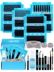 False Eyelash Gift Box Lash Clusters Kit 1105PCS 12 Styles Eyelash Cluster, Mega/Natural/3D Effect/Volume/Spikes Lashes Clusters Kit With Bond&Seal Lash Remover Brush Lash Applicator Headband & Wristband Set And Lash Shampoo & Brush, Perfect For Beginners &Proficient, DlY At Home Easily, Soft Comfortable Easy Apply Natural Look For Makeup Daily - 黑色 - 查看 14
