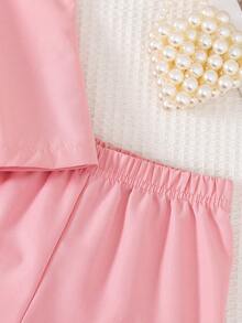 Young Girl Fashion Casual Knit Colorblock Striped 3D Bow Sleeveless Button-Up Collar Pullover Top With Matching Elastic Waist Slim Fit Sports Shorts Set, Daily Casual, Weekend Outings, School Daily Wear Summer Girls Shorts Set - Pink - View 5