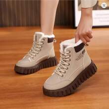 Women'S Winter High Top Fashion Lace-Up Boots - All-In-One Thick Warm Shoes With Flannel Lining, PVC Soles, Cloth Insole, Solid Color Thick Soled Casual Snow Boots - 卡其升級款 - 查看 2