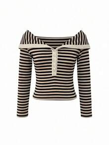 Women's Fashion Off-Shoulder Button Striped Collar Casual Long Sleeve Slim Fit Blouse, Suitable For Valentine's Day, Winter/Spring/Summer - Khaki - View 8