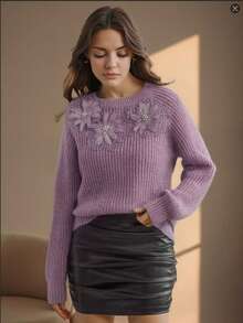 Pulover cu mânecă lungă, cu imprimeu floral, casual, cu nervuri și perle, pentru femei, toamnă/iarnă