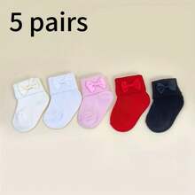 5双装婴儿纯色短袜，新年袜，经典红、黑、白、粉、米色，饰有蝴蝶结，色彩鲜艳，柔软舒适，适合春、夏、秋季日常穿着，适合0-3岁宝宝，节日袜，精美礼物，情人节袜 - 彩色 - 查看 15