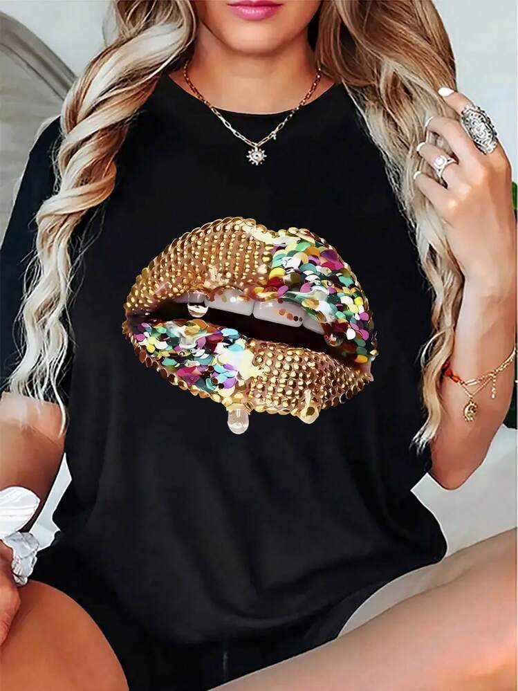 Camiseta Casual de Manga Corta para Mujeres con Diseño de Labios Vibrante - Negra, Tela Cómoda, Ligera y Duradera, Perfecta para Atuendo Casual, Fácil de Cuidar, Camiseta de Uso Diario| Camiseta gráfica divertida| Duradero - Negro - Añade 11