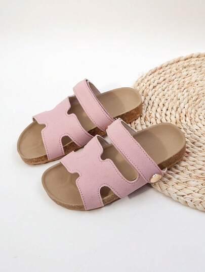 1 Pair Girls' Khaki Criss-Cross Strap Open Toe Sandals, Suede Leather Upper, Lightweight Non-Slip, Multi-Strap Design Fits Foot Shape, Low-Top Style, Soft Cork Thick Flat Sole, Simple & Versatile, Suitable For Summer Picnics And Holiday Gatherings