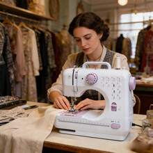Máquina de coser grande, mini máquina de coser eléctrica portátil para principiantes, 12 puntadas incorporadas, 2 velocidades con pedal, luz, cajón de almacenamiento. - Blanco - Ver 2