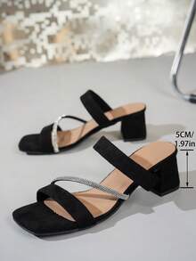 2025 New Fashion Rhinestone Embellished Chunky Heel Strap Sandals, Elegant & Versatile For Women - Black - View 6