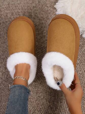 女士简约奢华纯色毛绒拖鞋，秋冬季保暖加厚内衬舒适室内外软底毛绒保暖鞋