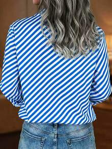 Plus Size Women's Fashionable Striped Print Button-Up Shirt - Blue - View 2