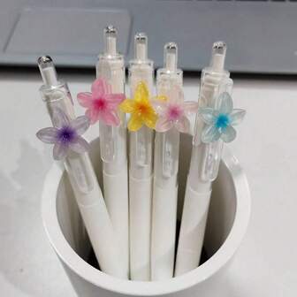 5pcs/Set Random Flower Tip Retractable Ballpoint Pens, Smooth Writing Neutral Pens For Students, Exams, Office & Daily Use, Durable Stationery (Black)