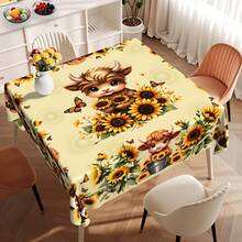 1pc Sunflower & Cute Cow Dining Table Cloth, Warm & Adorable, Easy To Clean, Polyester Material, Suitable For Family Gathering, Easter Party, Decoration, Indoor/Outdoor Use (Picnic, Wedding) - Multicolor - View 7
