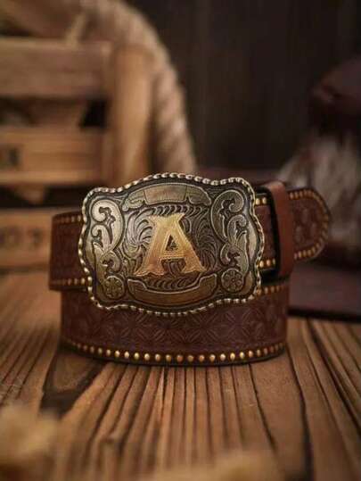 1 pieza Cinturón de cuero de PU marrón oscuro vintage con hebilla de metal en relieve de estilo vaquero bohemio occidental para hombre