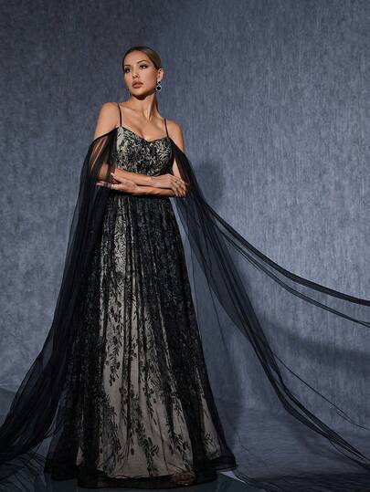 Sling V-Neck Ultra-Long-Sleeved Gauze Towel Splicing Embroidered Lace Contrast Folding Big Swing Dress,Black Dress For Women