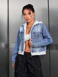 翻盖口袋抽绳连帽二合一牛仔外套休闲款 - 中等水洗藍 - 查看 5