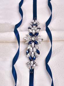 1pc Fashion Short Wedding Belt, Navy Blue Crystal Embellished With Black Ribbon, Handmade Formal Dress Sash - Navy Blue Ribbon - View 7