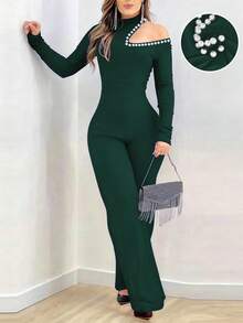 Bộ jumpsuit dài tay màu đen thanh lịch, gợi cảm, hở vai, đính ngọc trai, thích hợp cho các buổi hẹn hò hàng ngày, tiệc tùng, tụ họp bạn bè và mặc vào mùa xuân. Chất liệu vải pha polyester, có thể giặt máy. - Màu xanh lá cây đậm - Xem 2
