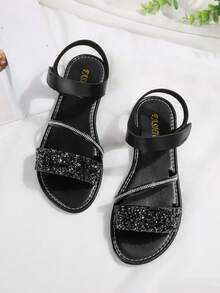 Sandalias planas de mujer con tira de , casual, con strass y lentejuelas, puntera redonda, unicolor, abierta, tipo slip-on, para playa, primavera/verano - Negro - Ver 7