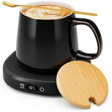 Calentador de tazas de café y juego de tazas de mármol de lujo, calentador eléctrico de tazas con apagado automático, 4 ajustes de temperatura, calentador de bebidas inteligente de 8 horas, apagado - Taza sencilla de color negro puro - Ver 10