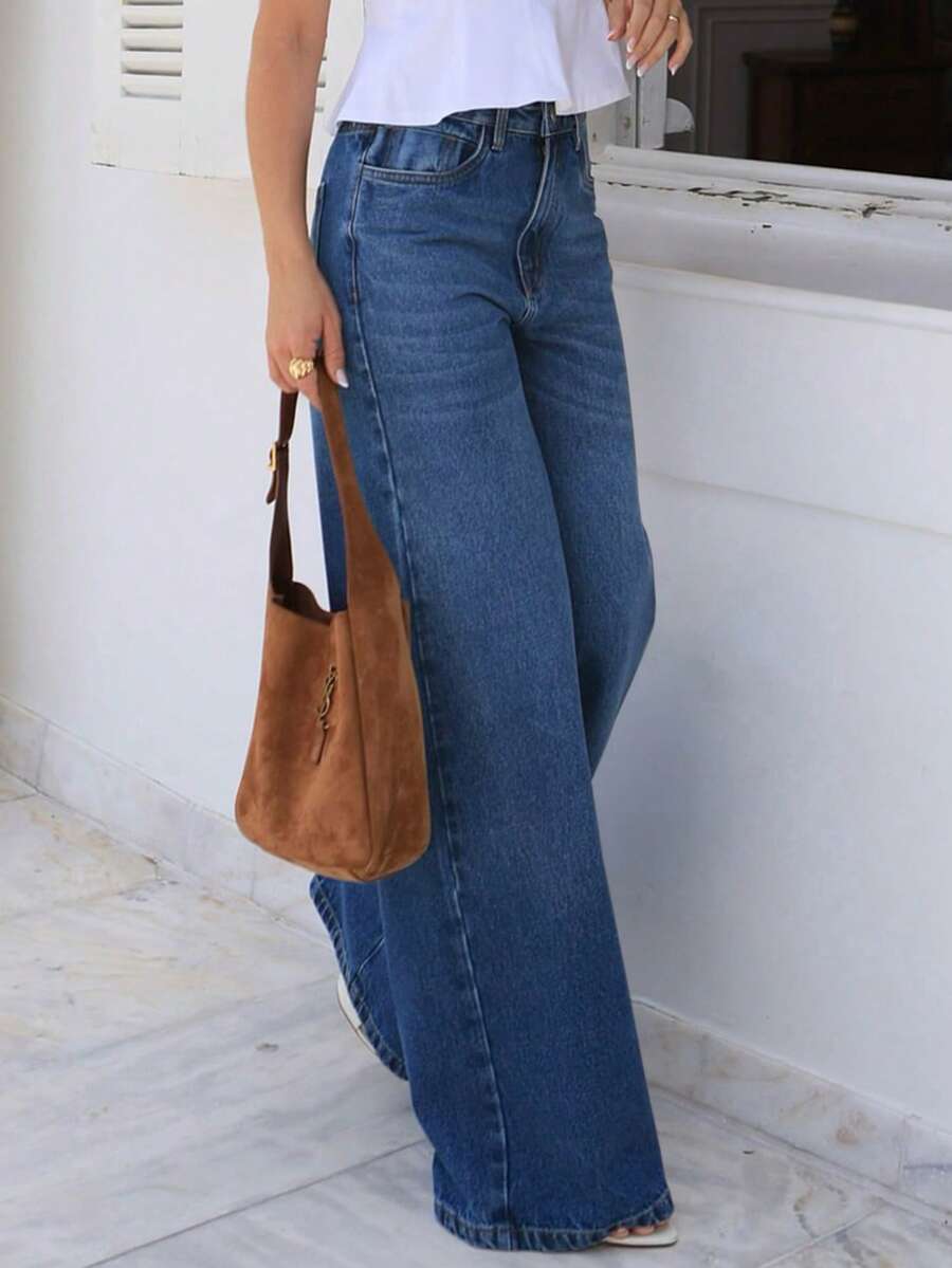Women's Loose Straight Leg Jeans With Pockets, Casual Minimalist Washed Denim Pants, Suitable For Summer Wear And Essential For Halloween Spring Vacation - Blue - View 1