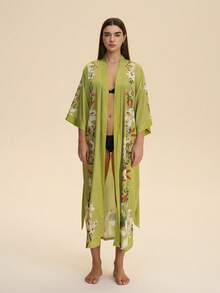 Cardigan kimono cu imprimeu midi, vintage, lejer, elegant, la modă artistică, stil midi, halat de baie casual cu curea, halat de baie pentru plajă de vară - Verde lime - Vizualizare 11