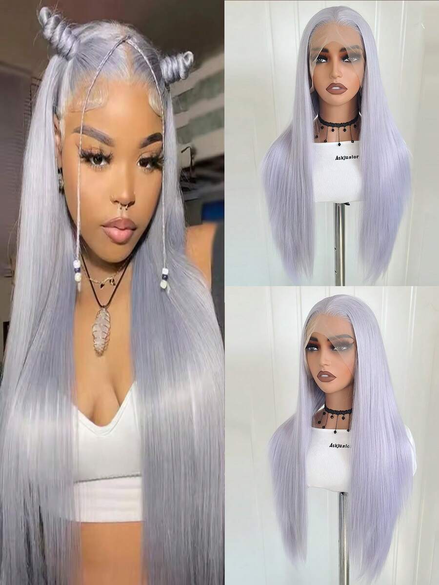websterwigs Tóc giả tổng hợp thẳng tự nhiên màu tím khoai môn và xám bạc Halloween 13x4, sợi chịu nhiệt chất lượng cao, bộ tóc giả đầy đủ cho nữ