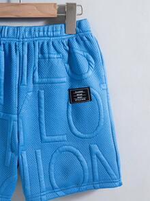 2pcs/Set Boys' Casual Solid Color Crew Neck Short Sleeve T-Shirt And Shorts, Regular Fit, With Pouch, Summer - Blue - View 8