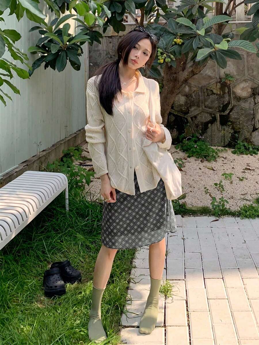 法式复古格子网纱裙，百搭休闲女裙 - 灰色 - 查看 1