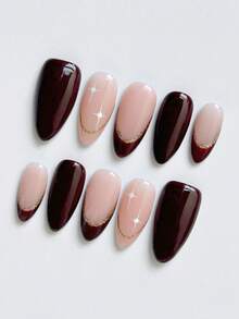 10pcs Almond Handmade Press-On Nails, Minimalist Style, Deep Red And Nude Pink Nails, Solid Color French Tips, Glittering French Outline, Hand-Painted Sparkling Stars, Acrylic False Nails, Suitable For Girls And Ladies' Everyday, New Year, And Valentine's Day Nail Decorations, Includes Jelly Gel And Nail File - Multicolor - View 3