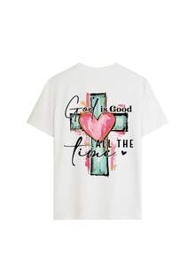 基督教“上帝永远良善”十字架字母印花T恤，休闲短袖圆领信仰服饰，男女皆宜夏季款 - 白色 - 查看 3