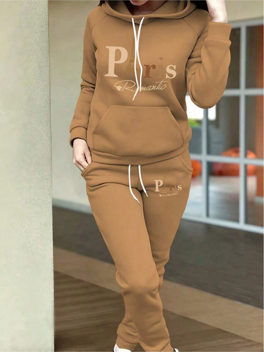 2026 Valentine Outfits For WomenWomen's Autumn Clothing Fleece Casual Set Fashion Printed Hoodie Loose And Comfortable Christmas Fit WomenLoose And Comfortablevalentine's Day - 卡其色 - 查看 1
