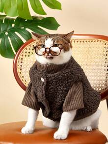 PETSIN Autumn/Winter New Pet Plush Vest & Sweater 2 Pieces Set, Cute Style For Hairless Cats, Warm Outfit For Medium/Small Cats - Coffee Brown - View 5