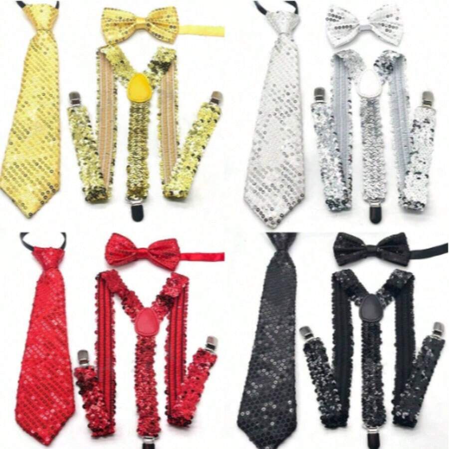 男士亮片领结、领带和吊带三件套配饰组合