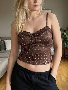 Women's Y2K Dot Print Cami Tank Top Fairy Lace Trim Sleeveless Bow Front Slim Fit Camisole Crop Tops Sexy Backless Sleeveless Vest Shirt Summer Cute Going Out Tops Club Streetwear - Cà phê nâu - Xem 1