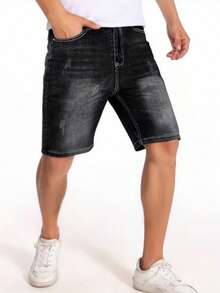 男士休闲牛仔短裤，带口袋，弹力面料 - 黑色 - 查看 3