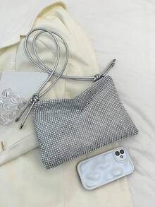Fashionable Rhinestone Embellished Large Capacity Crossbody Bag, Gold Color Clutch Purse, Rhinestone Gold Wallet For Wedding Women's Sparkling Rhinestone Decorated Clutch Purse, Knotted Handle Handbag Shiny Rhinestone Hobo Dumpling Bag, Sparkling Rhinestone Evening Clutch Purse Rhinestone Purse Sparkly Evening Bag, Silver Clutch Purses For Women Evening, Cross Body Handbags For Party Prom Club Wedding - Silver - View 4