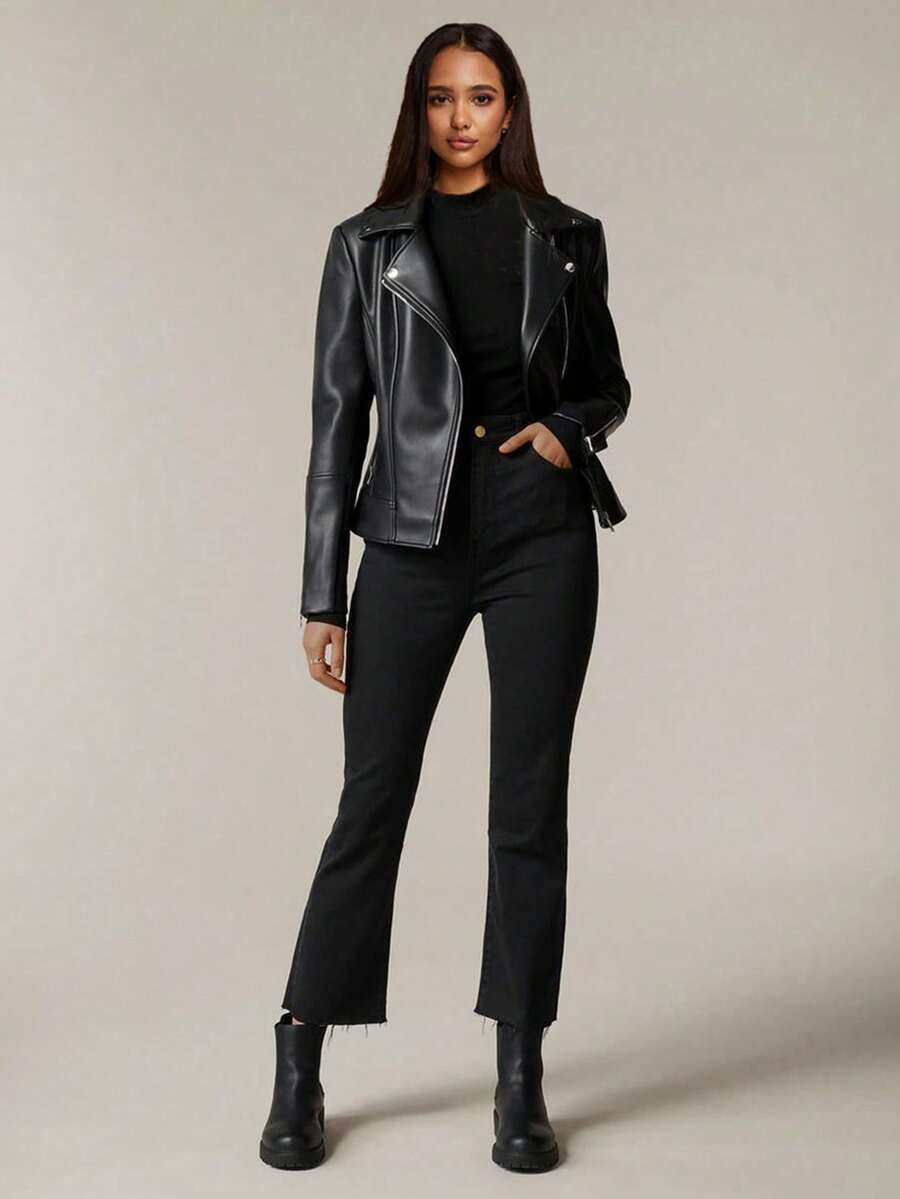 Women's Motorcycle Zipper Leather Jacket, Spring/Autumn - Black - View 1