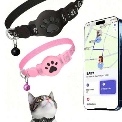 1件装宠物猫项圈，带苹果“查找我的追踪器”功能，可调节反光猫项圈，尺寸7-9英寸，动物印花设计，可拆卸项圈，仅适用于猫，不适用于安卓设备