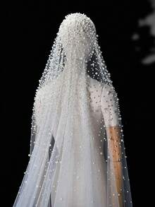 1件3米*3米珍珠新娘头纱，带梳子，法式风格，适合婚纱，曼蒂拉式头纱，也适合西式教堂婚礼 - 乳白色珍珠款 - 查看 7