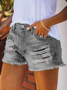 做旧直筒水洗毛边牛仔短裤，欧美风格，春夏款 - 淺灰色 - 查看 3