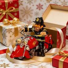 1pc Vintage Firefighter Motorcycle Statue - Red Resin Firefighter Motorcycle Collectible Decor - Red - View 4