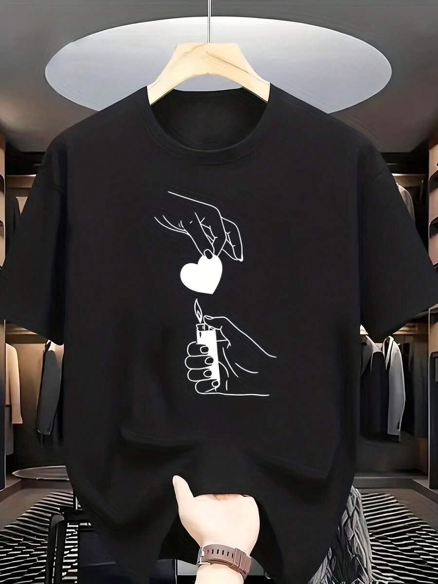 Short-Sleeved Crew Neck T-Shirt With A Print Of A Hand Holding A Lighter And Lighting A Heart. The Unique Combination Of Heart And Lighter Motifs Conveys An Atmosphere Full Of Creativity, A Touch Of Romance And Individuality. - Black - View 1