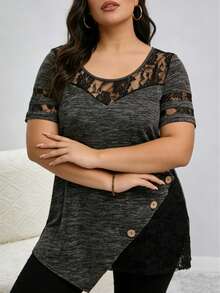 Plus Size Elegant Lace Accent T-Shirt With Asymmetric And Button Details - Grey - View 6