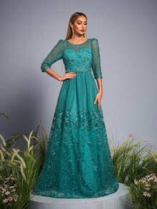 Anpoket 新款圆领刺绣撞色蕾丝钉珠晚礼服，优雅女士连衣裙 - 薄荷藍 - 查看 4