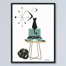 1pc Unframed Canvas Posters, Atomic Cat, Retro Wall Arts, White, Black, Mid Century Modern Record Player Poster Wall Art For Living Room, Wall Decor For Bedroom, Home Decor Room Decor - Multicolor - View 9