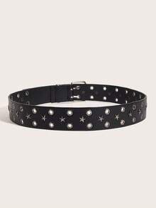 1pc Women's Belt With Double Buckle, Rivet & Star Decor, New American Retro Y2K Style Punk Belt, Suitable For Jeans, Casual Wear, Black & White - Multicolor - View 6