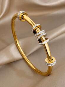 18K镀金不锈钢优雅锆石现代圆柱形可叠戴手镯套装，女士礼物，母亲节礼物，圣诞节嘉年华冬季珠宝，婚礼/舞会/派对/日常配饰，周年纪念日情人节波西米亚风珠宝，伴娘生日礼物 - 彩色 - 查看 7