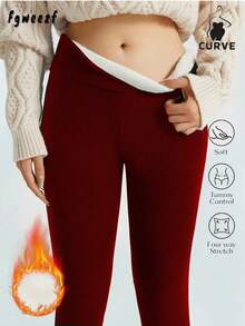 Large Size Women's Tight Pants - New Year's Wear - Large Size Women's Winter Warm Wool Lined Tight Pants, Women's Red Tight Leggings, Women's Cold Resistant Fashionable Tight Pants - Đỏ - Xem 1