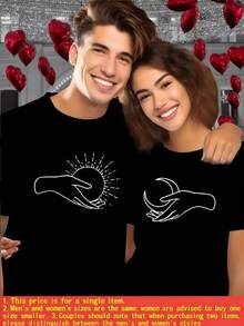 1pcs Unisex Valentine's Day Couple Pajamas Gifts For Her/His T Shirt Features Hands Holding Sun Moon Celestial Lovers Matching Set 100% Cotton - Male-bl - View 9